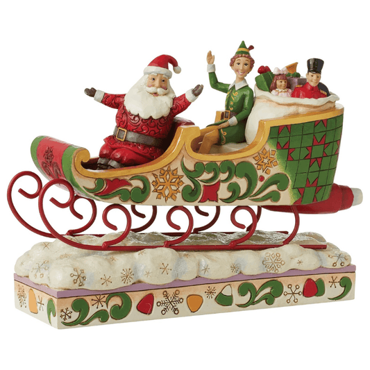 Buddy Elf and Santa Spreading Christmas Cheer (Sleigh Figurine) By Jim Shore 6013938 Buddy Elf and Santa Spreading Christmas Cheer (Sleigh Figurine) By Jim Shore 6013938