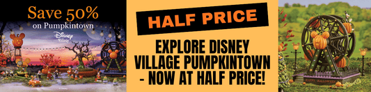 A promotional banner for Disney's Pumpkintown with a large yellow center panel reading 'HALF PRICE' and 'EXPLORE DISNEY VILLAGE PUMPKINTOWN - NOW AT HALF PRICE!' alongside seasonal illustrations of pumpkins, a Ferris wheel, and a sunset scene.