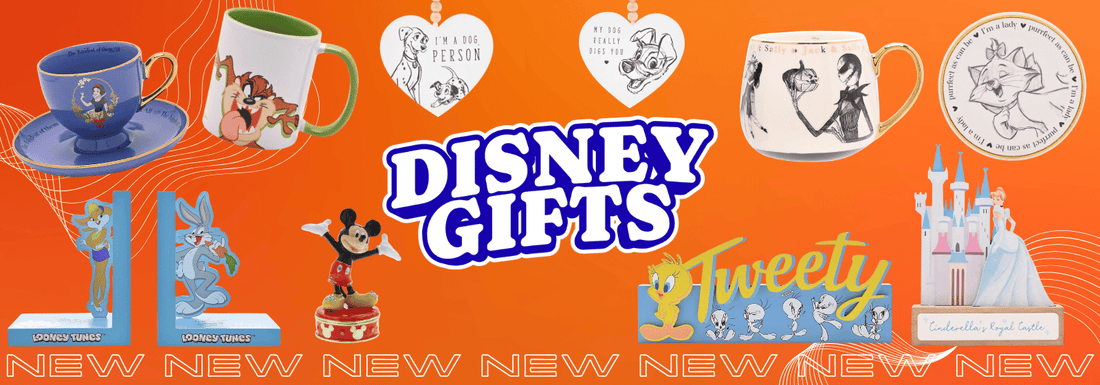 Disney-themed gifts on an orange background, including mugs, ornaments, figurines, and a castle model, with Disney Gifts in bold white letters at the center and NEW repeatedly at the bottom.