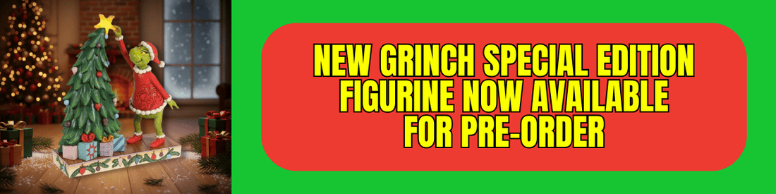 Promotional banner for a Grinch special edition figurine, showing a small Christmas tree with the Grinch in a Santa outfit on the left, and bold yellow text on a red and green background on the right 