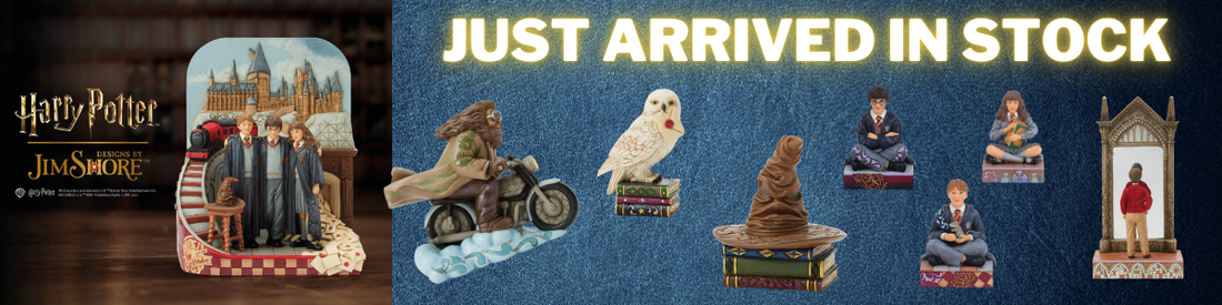 Harry Potter-themed figurines on a blue background, including characters, an owl, and a motorcycle. JUST ARRIVED IN STOCK text is prominently displayed in bright yellow.