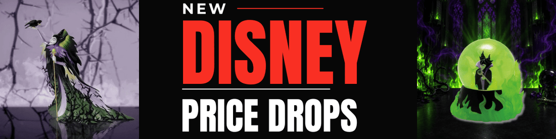 promotional banner for New Disney price drops featuring a Maleficent figurine and water ball on a black background