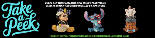 Take a Peek text with images of Disney figurines: Minnie Mouse with an Easter basket, Stitch with arms raised, and Aristocats stacked, all by Jim Shore.
