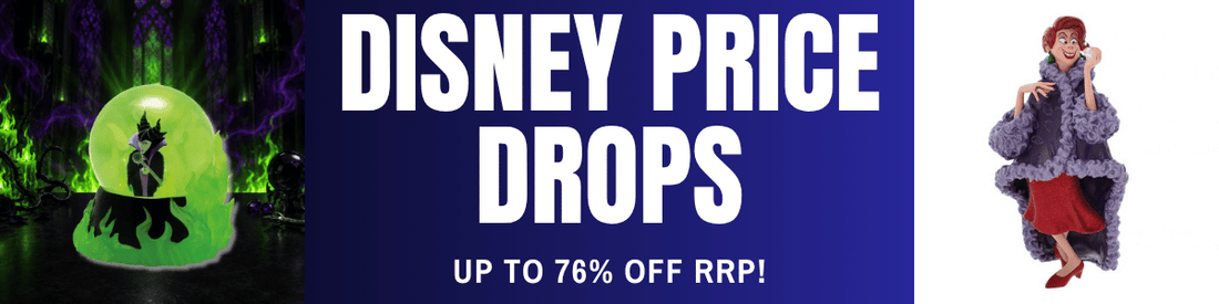 Promotional banner with the text 'DISNEY PRICE DROPS' and 'UP TO 78% OFF RRP!' on a dark blue background, flanked by a green glowing character in a dome on the left and a woman in a purple coat on the right.