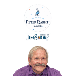 A smiling older man with a mustache sits below The World of Peter Rabbit and Designs by Jim Shore logos on a white background.