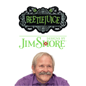 Smiling older man with a mustache in a purple shirt, below the Beetlejuice logo and Designs by Jim Shore text with a decorative green font on a white background.