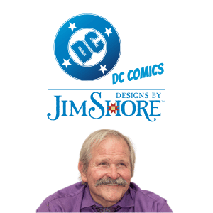 A man with a mustache and purple shirt smiles below the DC Comics logo and Designs by Jim Shore text on a white background.