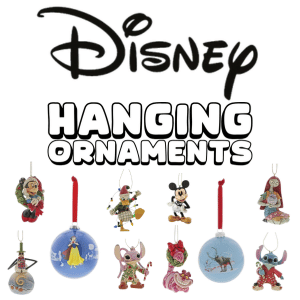Disney logo above Hanging Ornaments text, with various Disney character ornaments including Mickey Mouse, Stitch, Snow White, and others displayed below on white background.