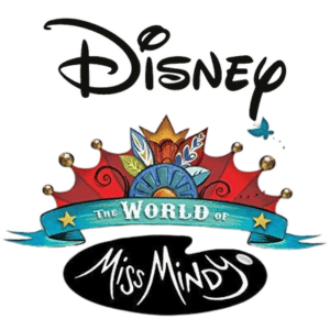 Disney logo above a colorful crown with the text “The World of Miss Mindy” in playful, whimsical fonts, with a blue butterfly and decorative leaves.