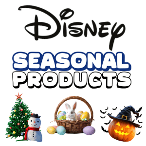 Disney logo above bold text reading Seasonal Products, with images of a Christmas tree and snowman, an Easter bunny with eggs, and a Halloween pumpkin with bats and a witch hat below.