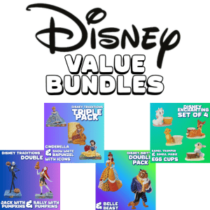 Disney Value Bundles promotional image featuring figurine sets including Cinderella, Rapunzel, Jack with Pumpkins, Sally with Pumpkins, Belle, Beast, and Disney-themed egg cups.
