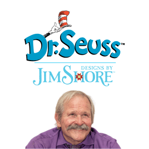 Logo for “Dr. Seuss Designs by Jim Shore” with a red and white striped hat above the text, and a smiling older man with a mustache and purple shirt below.