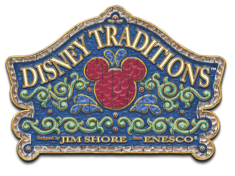 A Disney Traditions pin featuring a red Mickey Mouse head in the center, ornate gold and blue designs, and the text DISNEY TRADITIONS and JIM SHORE ENESCO.