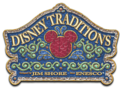 A decorative sign with the text Disney Traditions above a red Mickey Mouse head, designed by Jim Shore for Enesco, featuring ornate patterns in blue, green, and gold.