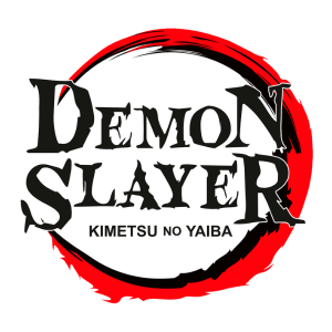 The Demon Slayer: Kimetsu no Yaiba logo features bold black text with a stylized red circular brushstroke in the background on a white surface.