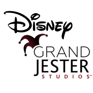 Disney Grand Jester Studios logo featuring the Disney wordmark above a red and black jester hat graphic, with Grand Jester Studios written below.
