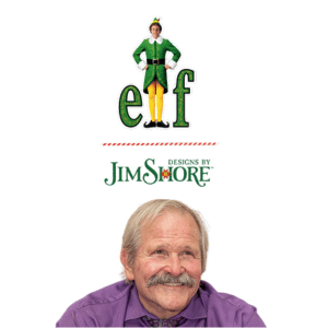 A smiling older man with a mustache, wearing a purple shirt, sits below the word elf with a picture of Buddy the Elf above, and the logo Designs by Jim Shore in the center.