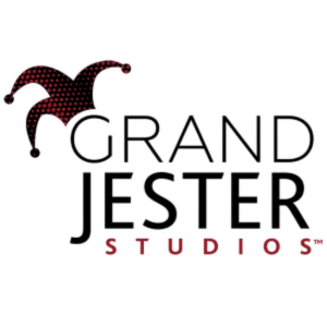 Logo of Grand Jester Studios featuring a red and black jester hat above the words Grand Jester Studios on a white background.