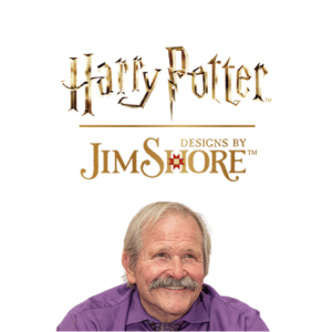An older man with gray hair and a mustache smiles, wearing a purple shirt. Above him are the words “Harry Potter” and “Designs by Jim Shore” in gold lettering.