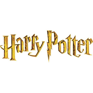The words Harry Potter written in large, gold, textured letters with a lightning bolt shape forming part of the letter P in Potter on a white background.