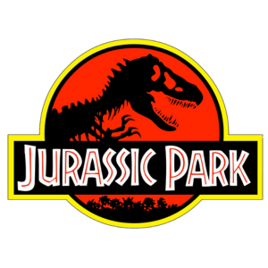 The Jurassic Park logo featuring a black T. rex skeleton silhouette against a red circle, with JURASSIC PARK in bold white and yellow letters below it.