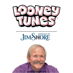 Looney Tunes logo above “Designs by Jim Shore” text, with an older man with light hair, mustache, and purple shirt smiling at the bottom.