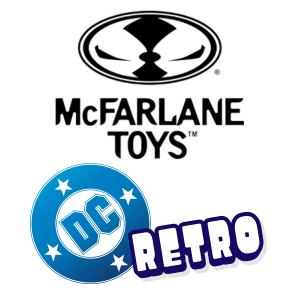 The McFarlane Toys logo appears above, and below it is a blue circular DC Retro emblem with stars and bold text.