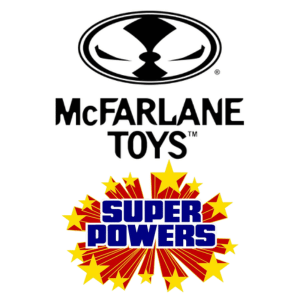 McFarlane Toys logo above the Super Powers logo, featuring bold text with yellow and red stars radiating outward.