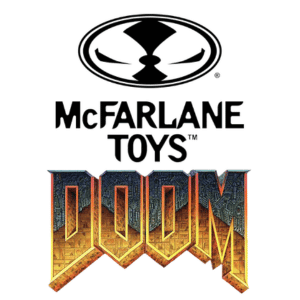 McFarlane Toys logo above the stylized DOOM video game logo, on a white background, indicating a collaboration or product related to the DOOM franchise.