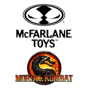 Black and white McFarlane Toys logo above the Mortal Kombat dragon emblem and title in fiery colors, all on a white background.