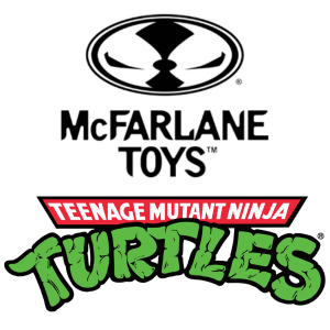 The image shows the McFarlane Toys logo above the Teenage Mutant Ninja Turtles logo with its green, graffiti-style text and red banner.