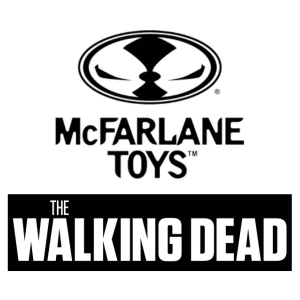 McFarlane Toys logo above “The Walking Dead” title in bold white letters on a black background, representing a toy line based on the TV series.