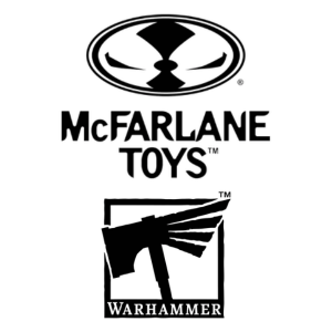 Black and white logos for McFarlane Toys and Warhammer. The McFarlane Toys logo is above the Warhammer logo, which features a stylized war hammer.