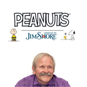 Logo for Peanuts with Charlie Brown, Snoopy, and Woodstock, “Designs by Jim Shore” text, and a smiling older man with a mustache and purple shirt below.