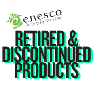 Enesco logo with the slogan Bringing Joy Every Day above bold text that reads Retired & Discontinued Products in black letters with a green shadow.