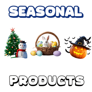 SEASONAL PRODUCTS with images of a Christmas tree and snowman, an Easter bunny in a basket with eggs, and a Halloween pumpkin with bats and a witch hat.
