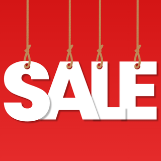 Large bold white letters spelling “SALE” hang from strings against a red background, suggesting a promotional or discounted shopping event.