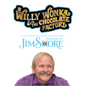 Willy Wonka & the Chocolate Factory logo above “Designs by Jim Shore” text, with a smiling older man with a mustache and gray hair wearing a purple shirt below.