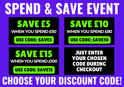 Promotional graphic for a 'Spend & Save Event' with discount codes on a purple background.