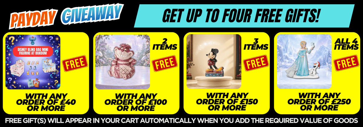 A promotional giveaway banner with the headline 'PAYDAY GIVEAWAY' and 'GET UP TO FOUR FREE GIFTS WITH YOUR ORDER!'. The banner shows four example free gift images, each with a red 'FREE' badge and order value thresholds.