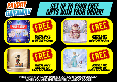 A promotional giveaway banner with the headline 'PAYDAY GIVEAWAY' and 'GET UP TO FOUR FREE GIFTS WITH YOUR ORDER!'. The banner shows four example free gift images, each with a red 'FREE' badge and order value thresholds.