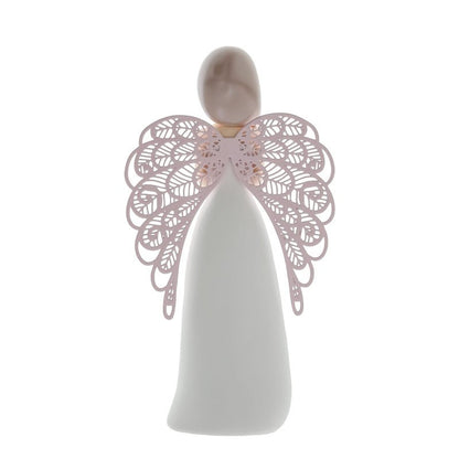 The Granddaughter Angel Figurine AN067 by You Are An Angel features a smooth, featureless face, white body, and intricate pink wings—ideal as home decor or for thoughtful gift box packaging.