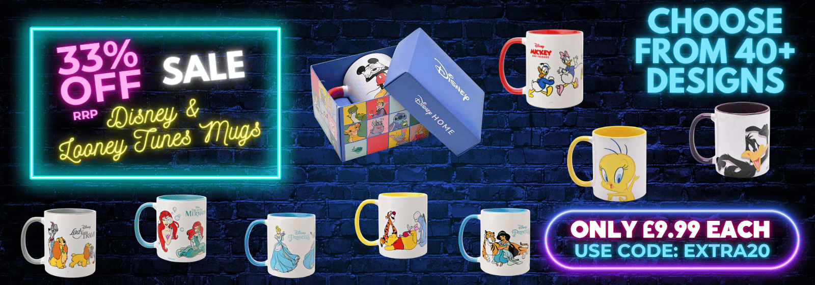 Promotional banner for Disney and Looney Tunes mugs showing multiple ceramic mug designs, an open illustrated gift box, sale text, and pricing on a dark brick background.