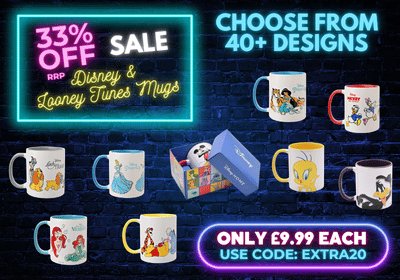 Promotional graphic for a mug selection offer, showing multiple cartoon mugs in different colors and designs, a blue gift box, and sale text on a dark brick background.