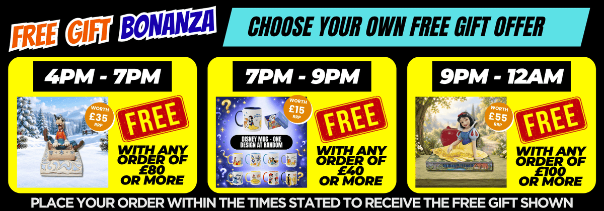 Promotional graphic for a 'Free Gift Bonanza' offering three different free gift orders with time slots: 4PM-7PM , 7PM-9PM , and 9PM-12AM for a Snow White figurine. The graphic features bright text, colorful banners, and product previews on a black background.