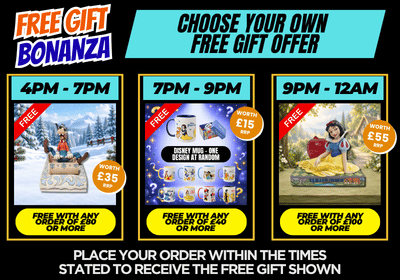 Promotional graphic for a 'Free Gift Bonanza' offering three different free gift orders with time slots: 4PM-7PM , 7PM-9PM , and 9PM-12AM for a Snow White figurine. The graphic features bright text, colorful banners, and product previews on a black background.