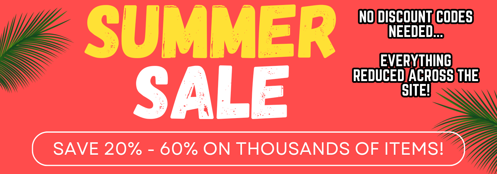 Promotional banner with a coral-red background, large yellow and white text reading 'SUMMER SALE,' palm leaves at the corners, and text stating 'NO DISCOUNT CODES NEEDED.