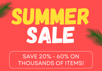 Promotional banner with a coral-red background, large yellow and white text reading 'SUMMER SALE,' palm leaves at the corners, and text stating 'NO DISCOUNT CODES NEEDED.