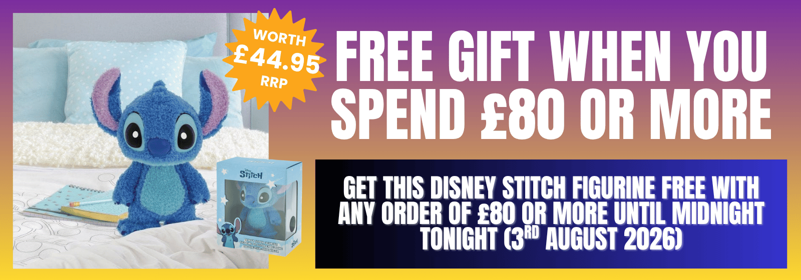 Promotional banner for a Disney Stitch figure, featuring a blue Stitch plush toy, its box, and large text offering a free gift when spending £80 or more.