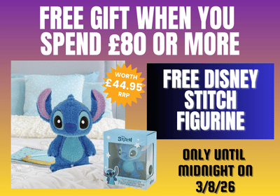Promotional flyer for a free Disney Stitch figurine. The graphic features a purple-to-yellow gradient background with bold white text reading 'FREE GIFT WHEN YOU SPEND £80 OR MORE' and 'FREE DISNEY STITCH FIGURINE'.